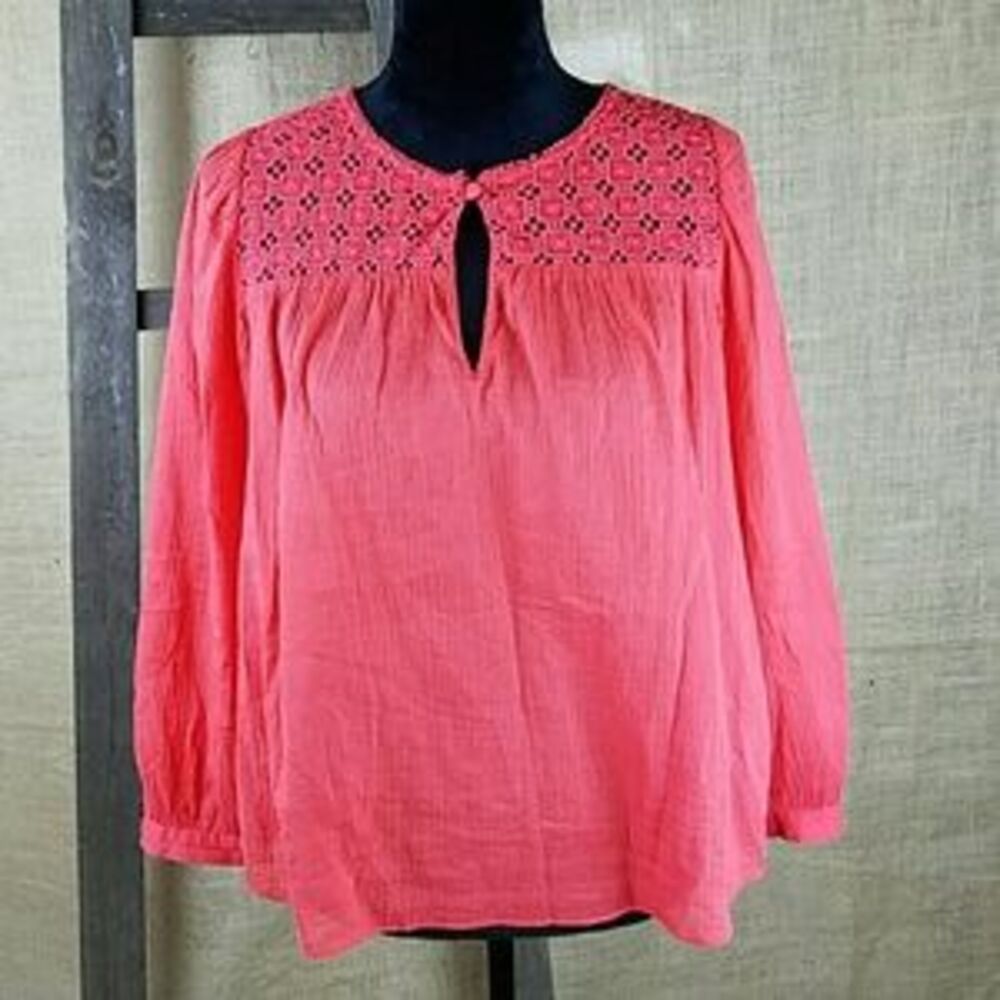 J. Crew women 4 embroidered gauze top long‎ sleeve shirt orange front key boho